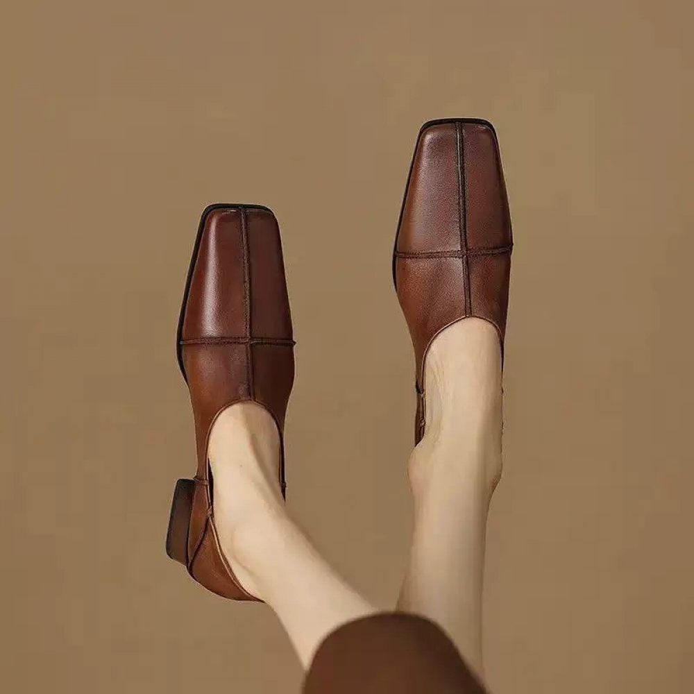Soft Leather Fashion Retro Square Toe Thick Heel Deep-cut Shoes