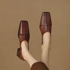 Soft Leather Fashion Retro Square Toe Thick Heel Deep-cut Shoes