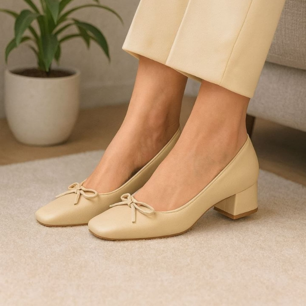Bow Square Toe Chunky Heel Shoes