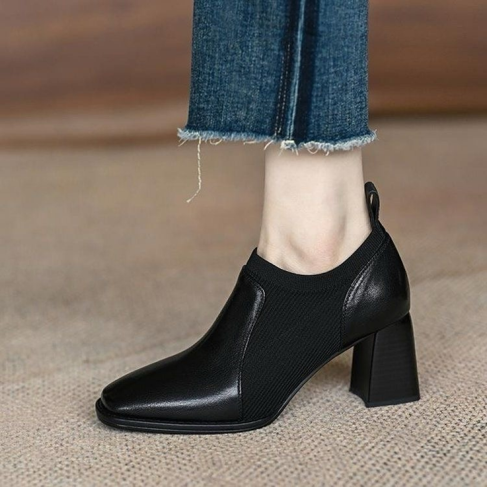 Retro Knitted Patchwork Square Toe Chunky Heel Shoes
