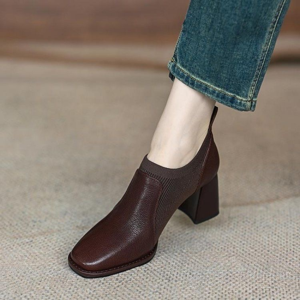 Retro Knitted Patchwork Square Toe Chunky Heel Shoes