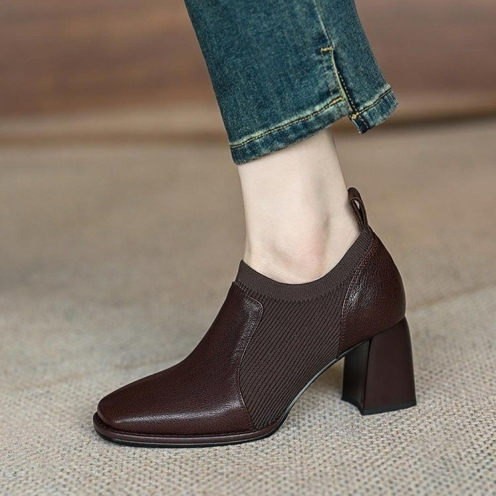 Retro Knitted Patchwork Square Toe Chunky Heel Shoes