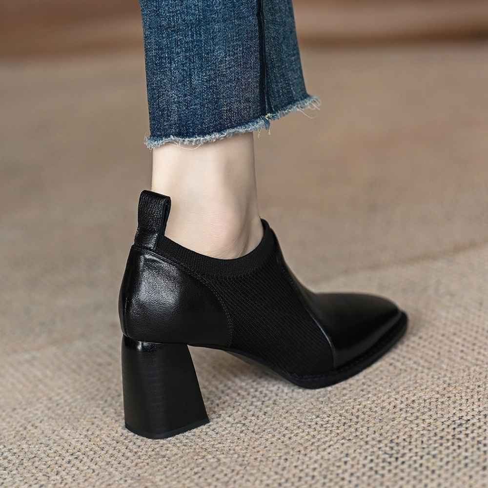 Retro Knitted Patchwork Square Toe Chunky Heel Shoes