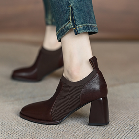 Retro Knitted Patchwork Square Toe Chunky Heel Shoes