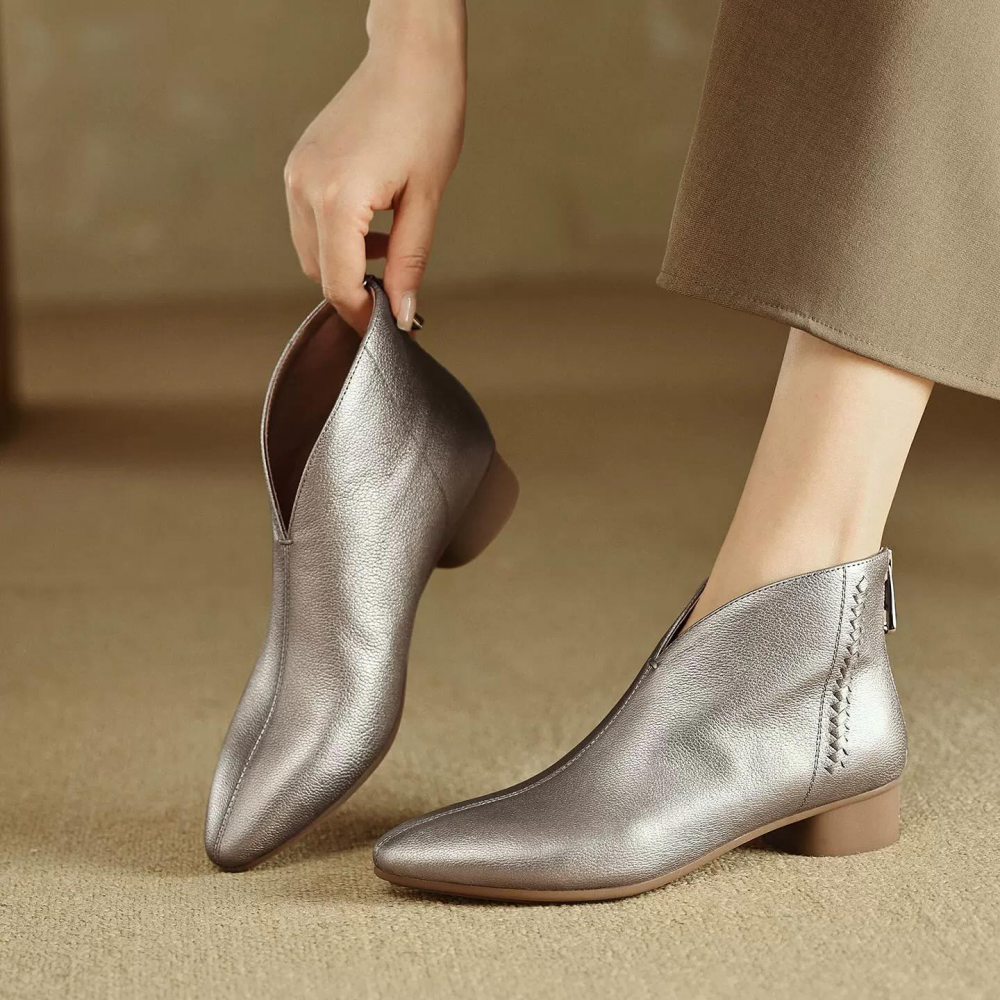 Soft Leather Ankle Boots With Pointed Toe and Low Thick Heel
