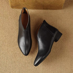 Soft Leather Ankle Boots With Pointed Toe and Low Thick Heel