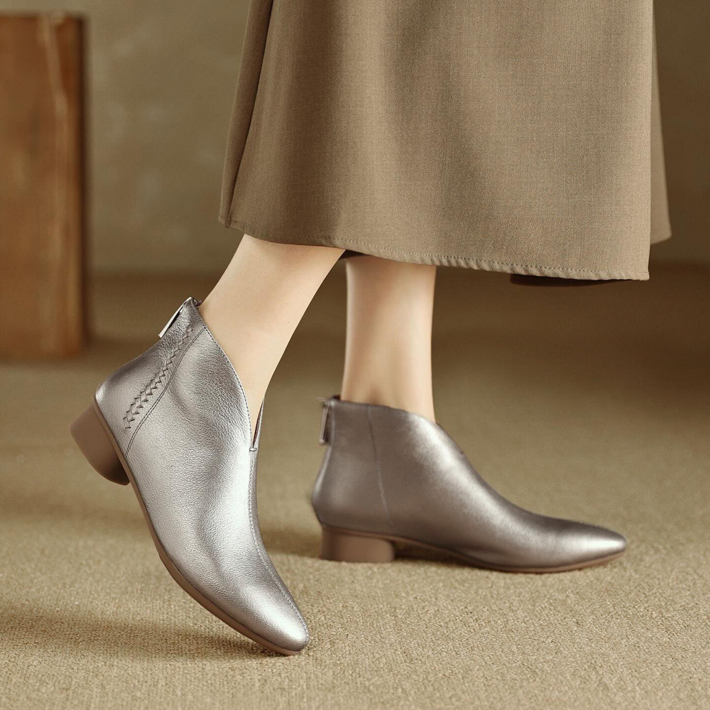 Soft Leather Ankle Boots With Pointed Toe and Low Thick Heel