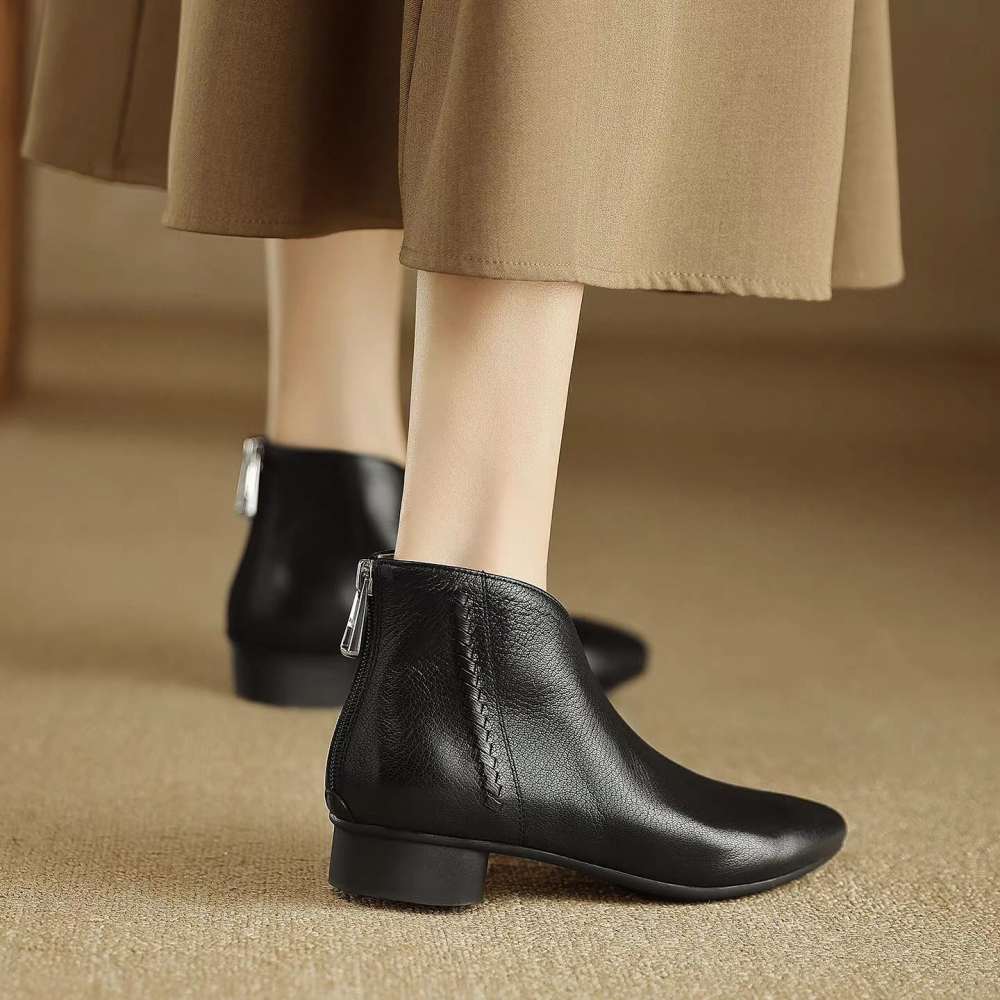 Soft Leather Ankle Boots With Pointed Toe and Low Thick Heel