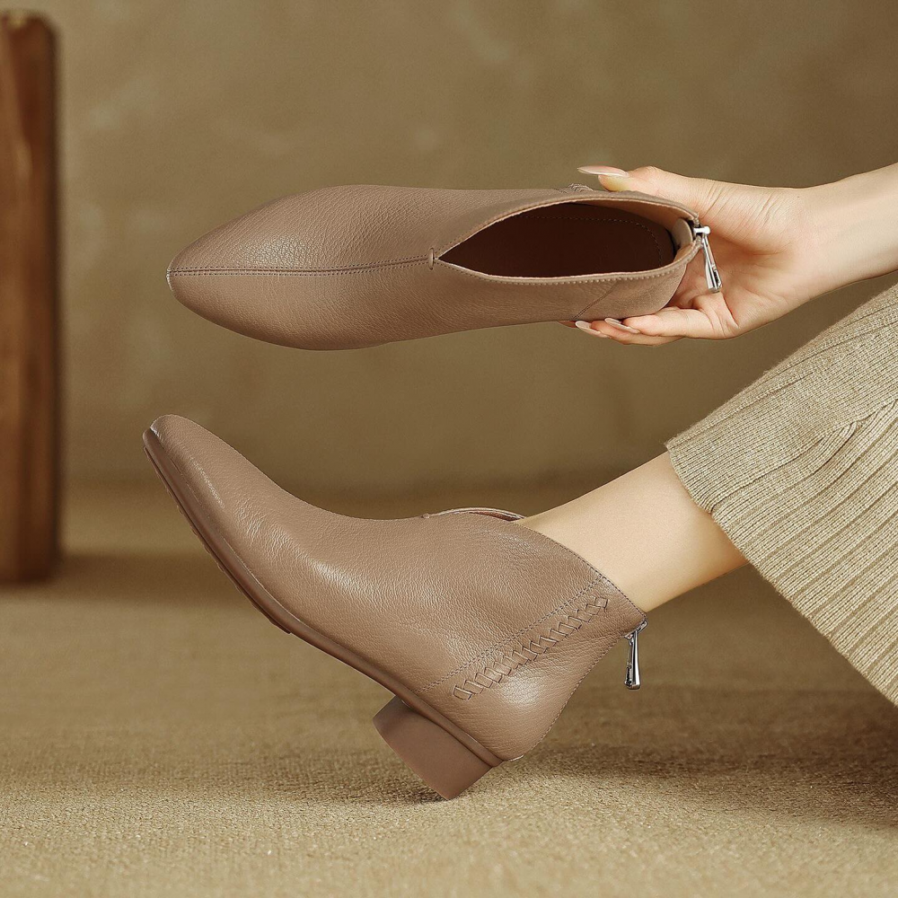 Soft Leather Ankle Boots With Pointed Toe and Low Thick Heel