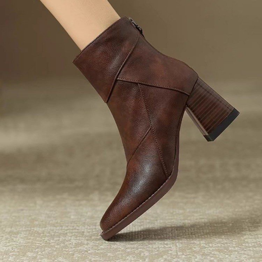 Retro Soft Leather Chunky Heel Ankle Boots