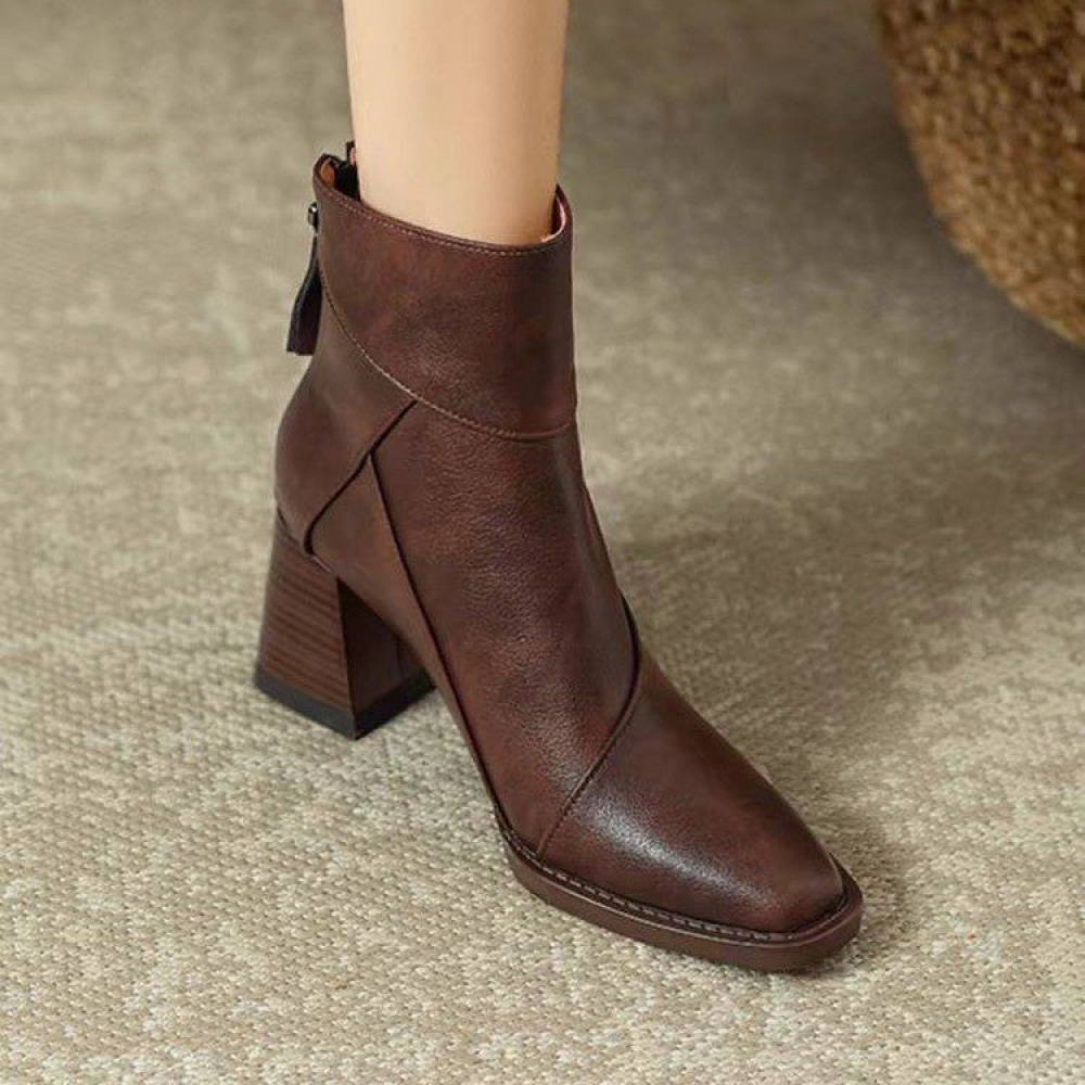 Retro Soft Leather Chunky Heel Ankle Boots