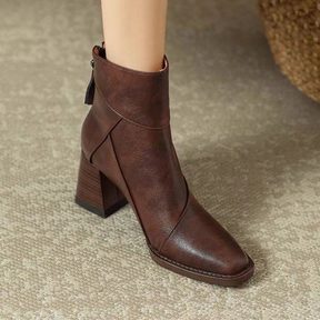 Retro Soft Leather Chunky Heel Ankle Boots
