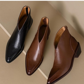 First-layer Leather Pointed Toe Chunky Heel Ankle Boots