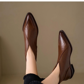 First-layer Leather Pointed Toe Chunky Heel Ankle Boots