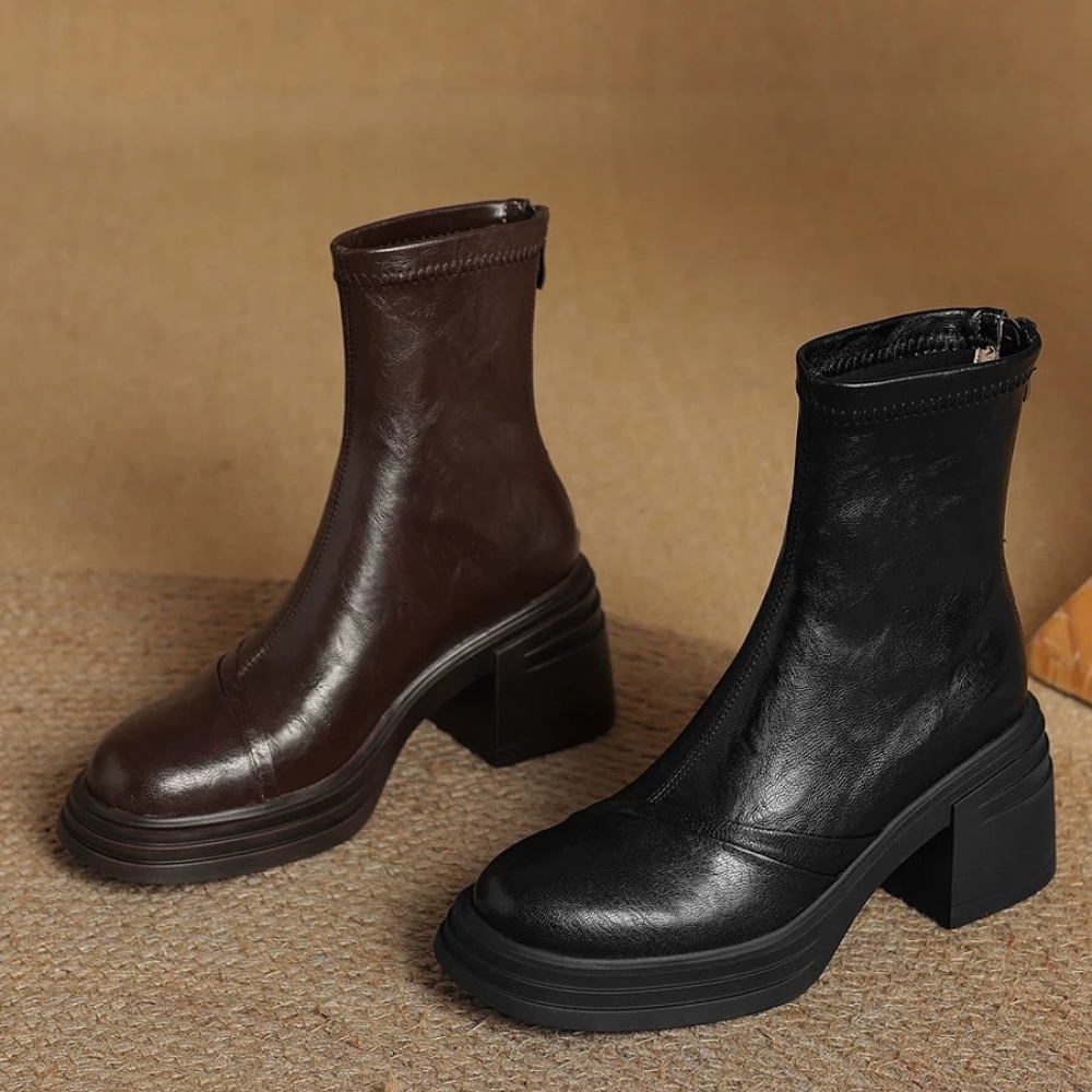 Retro Round Toe Thick Heel Versatile Short Boots