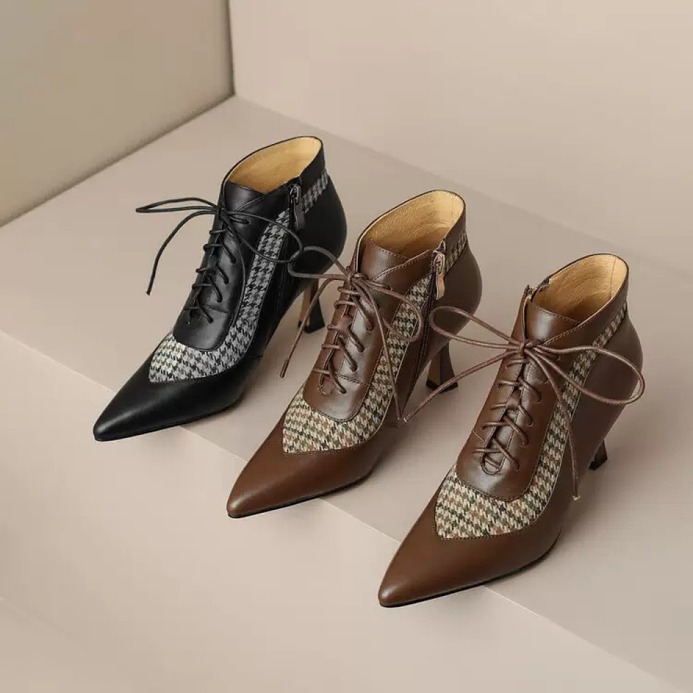 Houndstooth Patchwork Stiletto Lace-up High-heeled Pointed Toe Ankle Boots
