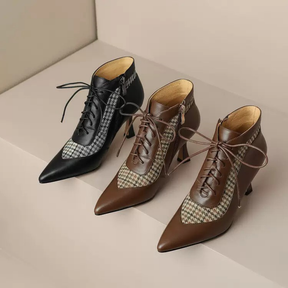 Houndstooth Patchwork Stiletto Lace-up High-heeled Pointed Toe Ankle Boots