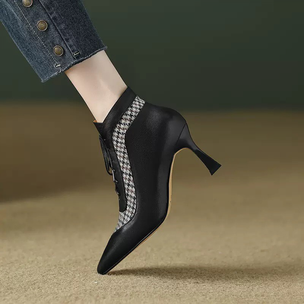 Houndstooth Patchwork Stiletto Lace-up High-heeled Pointed Toe Ankle Boots