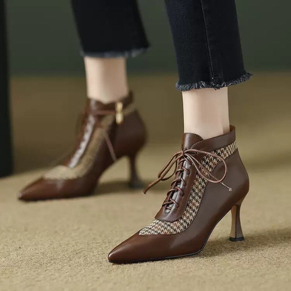 Houndstooth Patchwork Stiletto Lace-up High-heeled Pointed Toe Ankle Boots