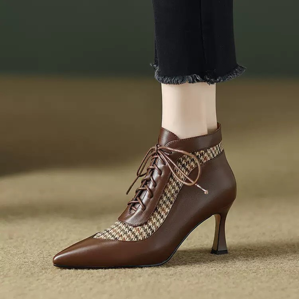 Houndstooth Patchwork Stiletto Lace-up High-heeled Pointed Toe Ankle Boots