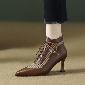 Houndstooth Patchwork Stiletto Lace-up High-heeled Pointed Toe Ankle Boots