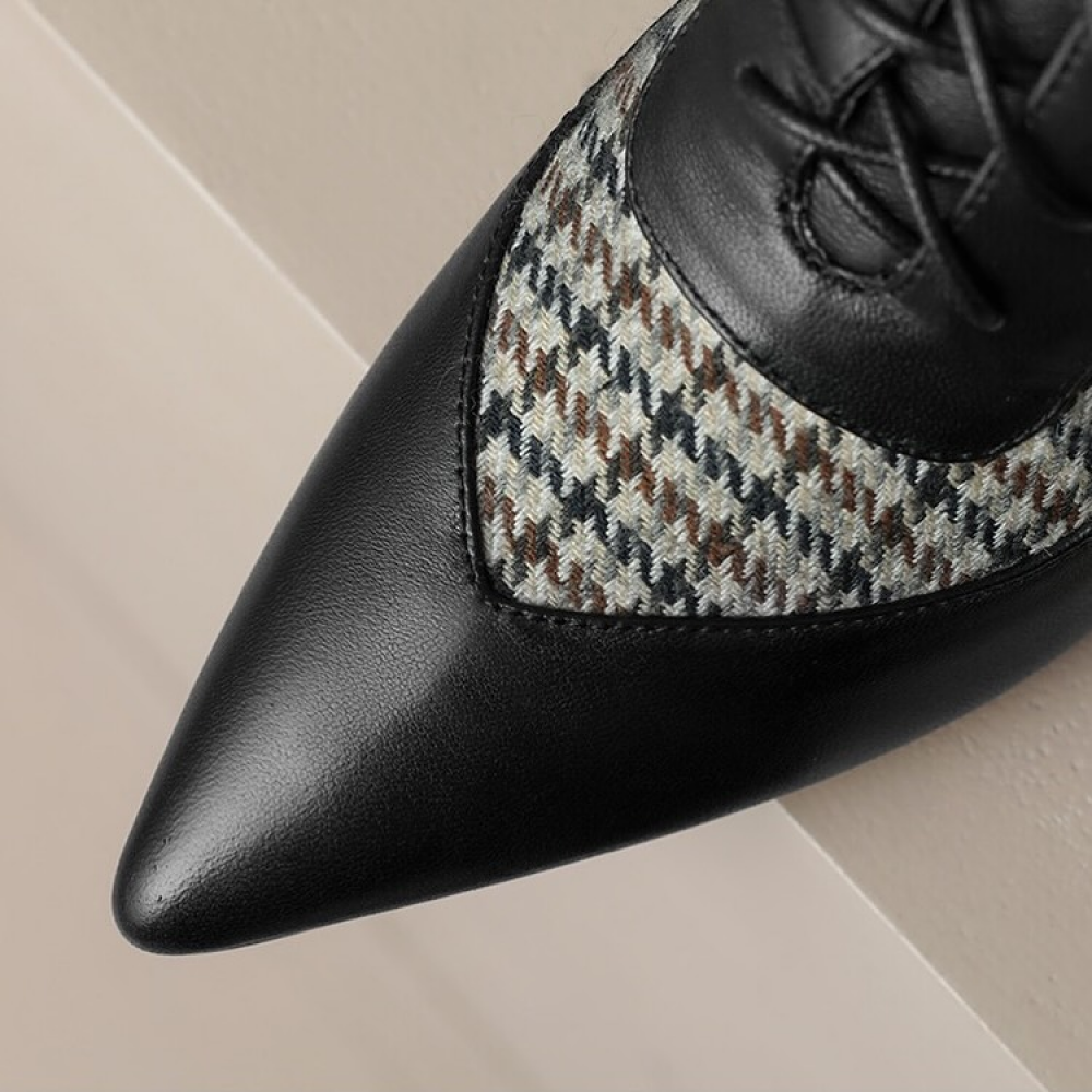 Houndstooth Patchwork Stiletto Lace-up High-heeled Pointed Toe Ankle Boots