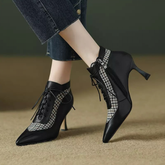 Houndstooth Patchwork Stiletto Lace-up High-heeled Pointed Toe Ankle Boots