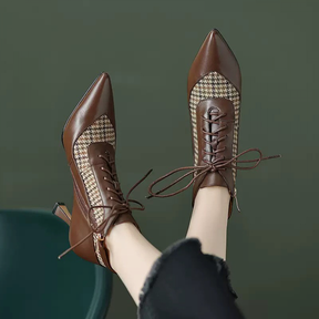 Houndstooth Patchwork Stiletto Lace-up High-heeled Pointed Toe Ankle Boots