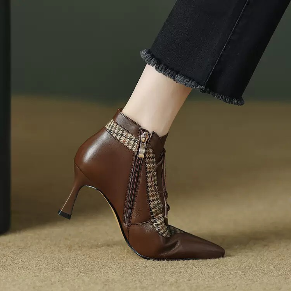Houndstooth Patchwork Stiletto Lace-up High-heeled Pointed Toe Ankle Boots