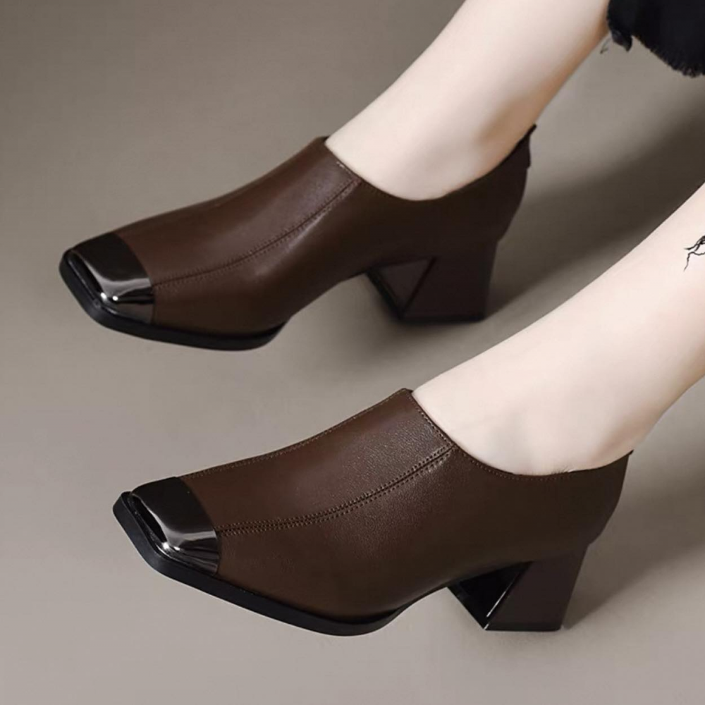 Square Toe Chunky Heel Soft Leather Casual High Heels