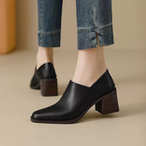 Block-heeled Square-toed Soft Leather Shoes