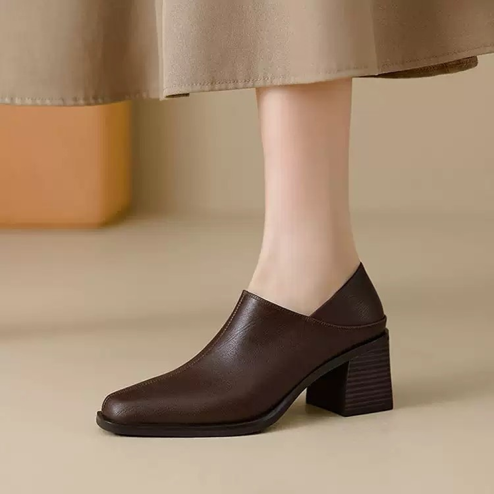Block-heeled Square-toed Soft Leather Shoes