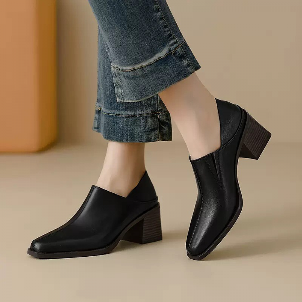 Block-heeled Square-toed Soft Leather Shoes