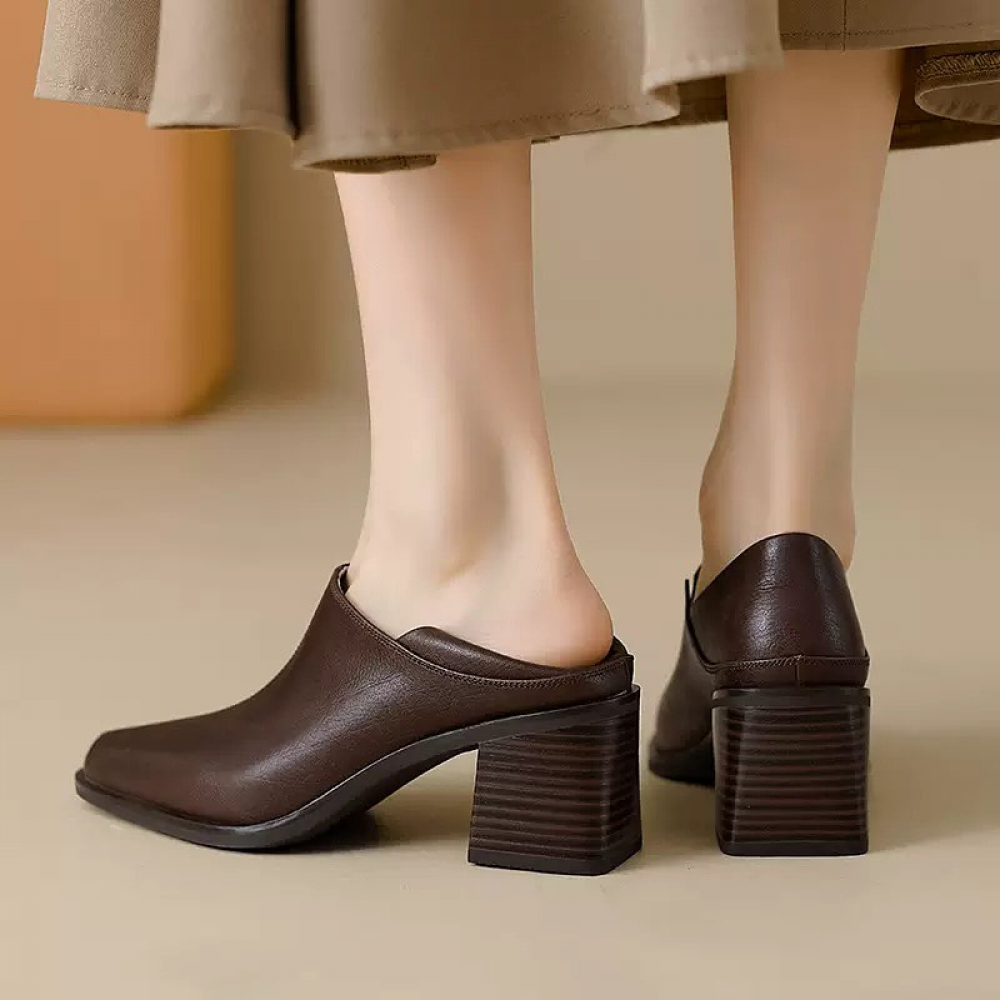 Block-heeled Square-toed Soft Leather Shoes