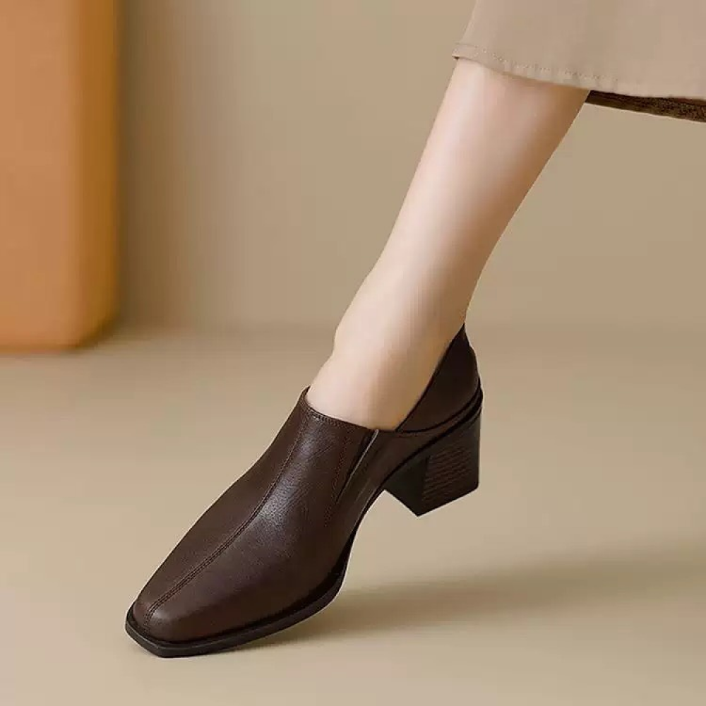 Block-heeled Square-toed Soft Leather Shoes