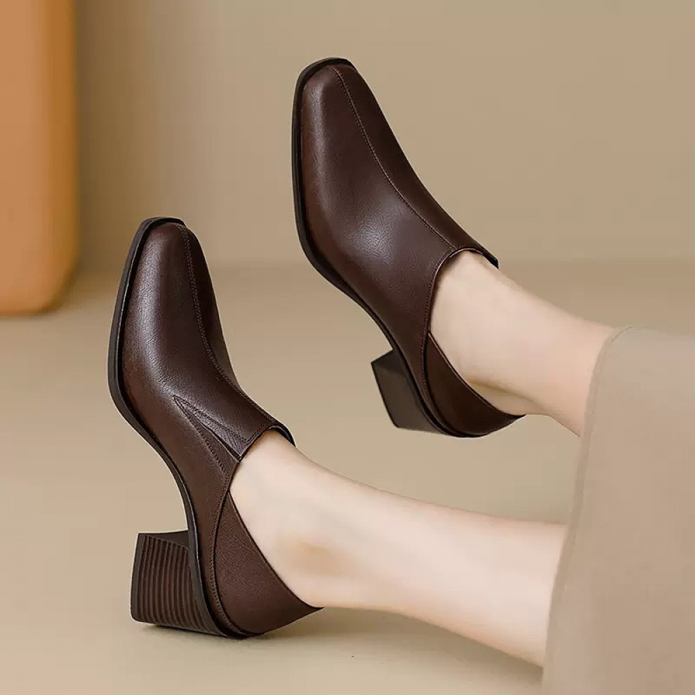 Block-heeled Square-toed Soft Leather Shoes