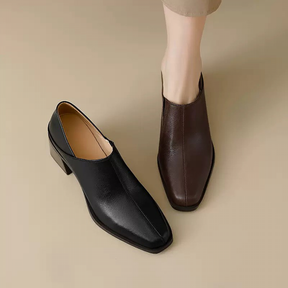 Block-heeled Square-toed Soft Leather Shoes