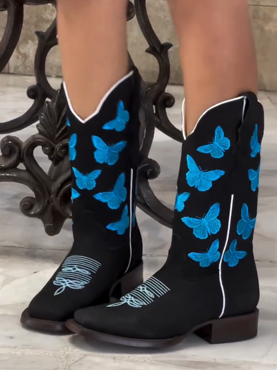 Blue Butterfly Embroidered Boots
