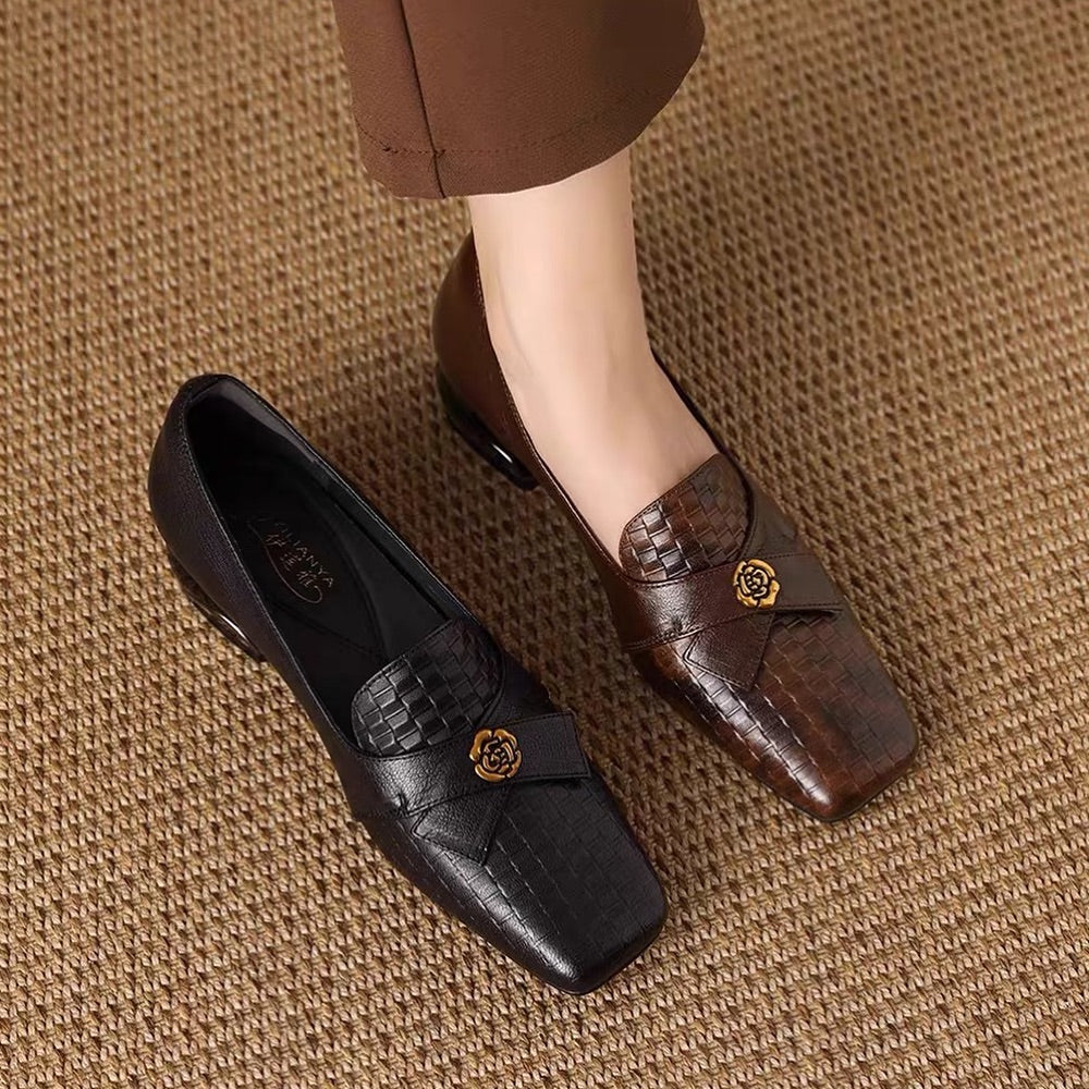 Casual Versatile Low-heeled Square-toed Leather Shoes