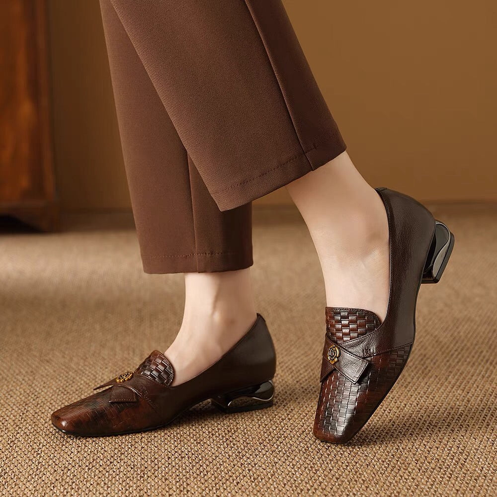 Casual Versatile Low-heeled Square-toed Leather Shoes