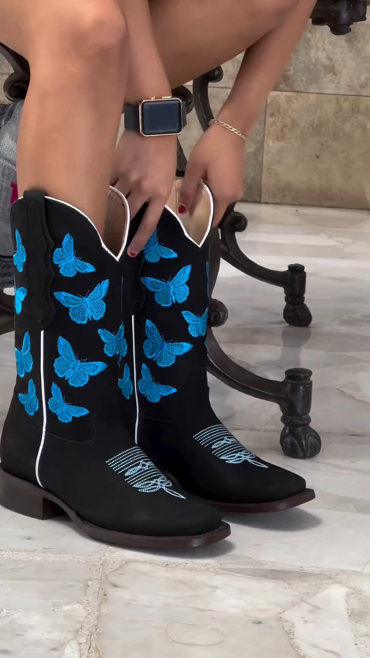 Blue Butterfly Embroidered Boots