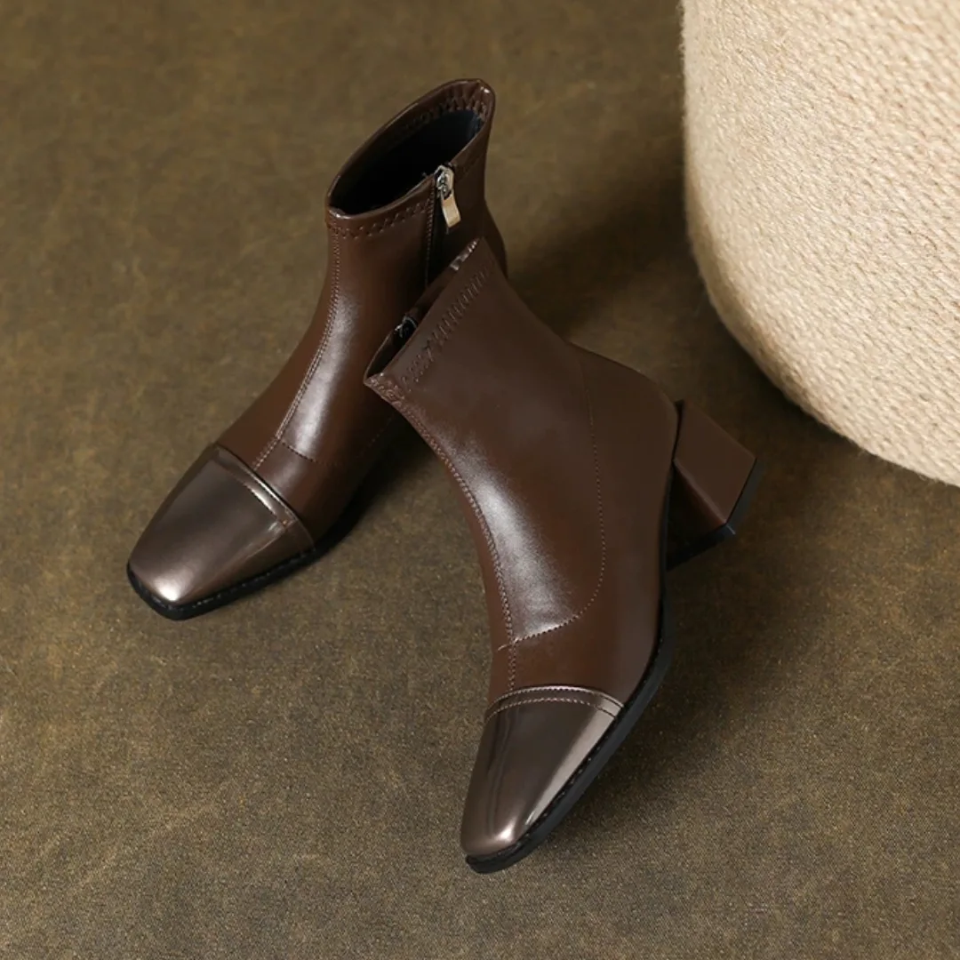 Mid-calf Square-heeled Leather Boots