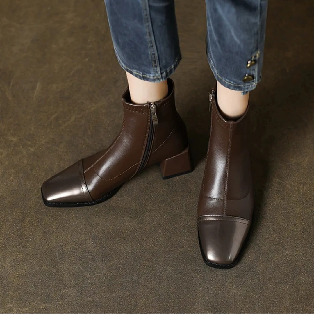 Mid-calf Square-heeled Leather Boots