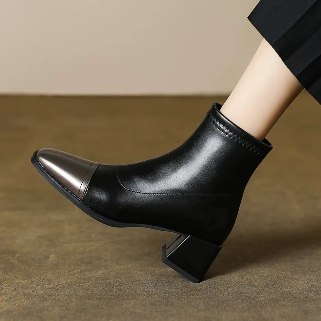 Mid-calf Square-heeled Leather Boots