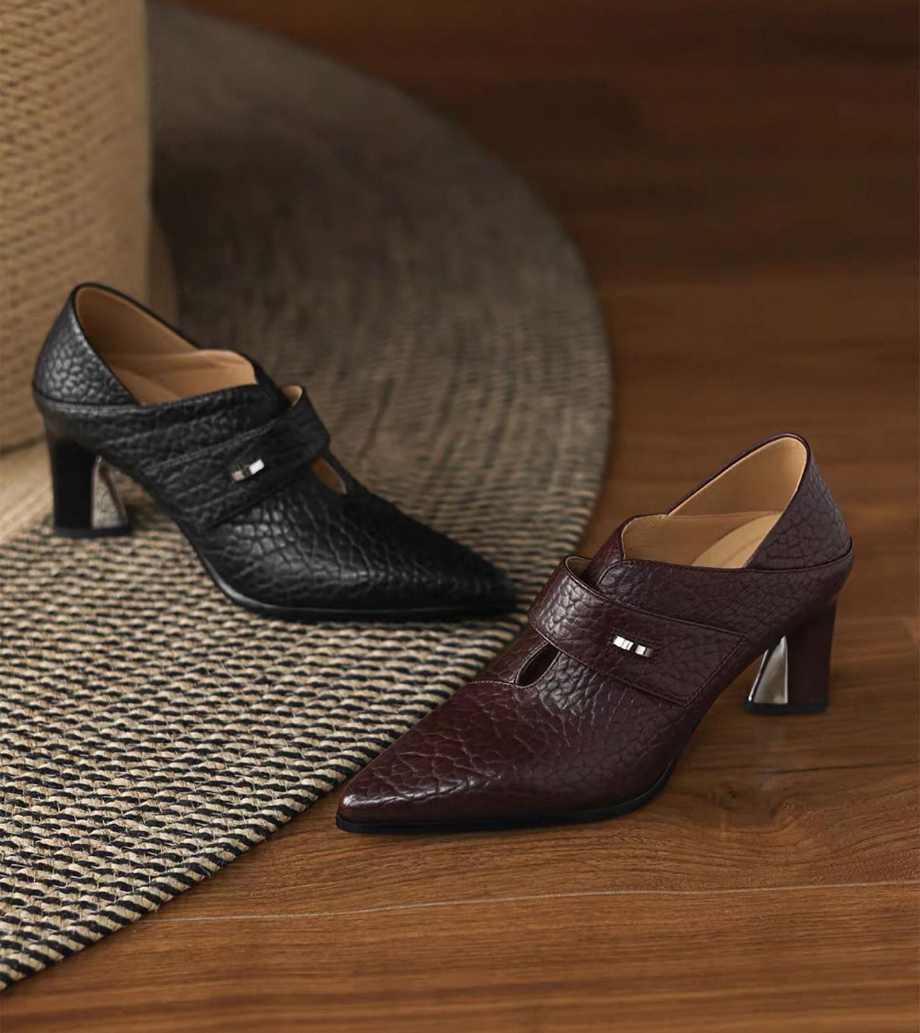 Retro Genuine Leather Chunky Heel Shoes