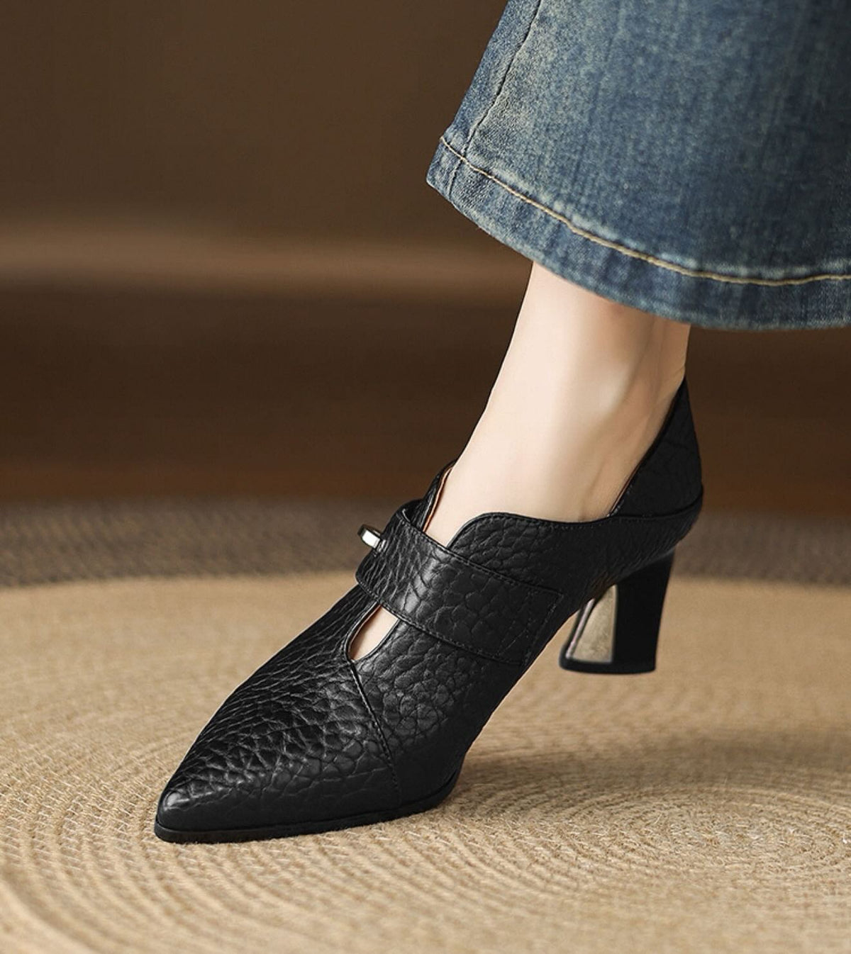 Retro Genuine Leather Chunky Heel Shoes