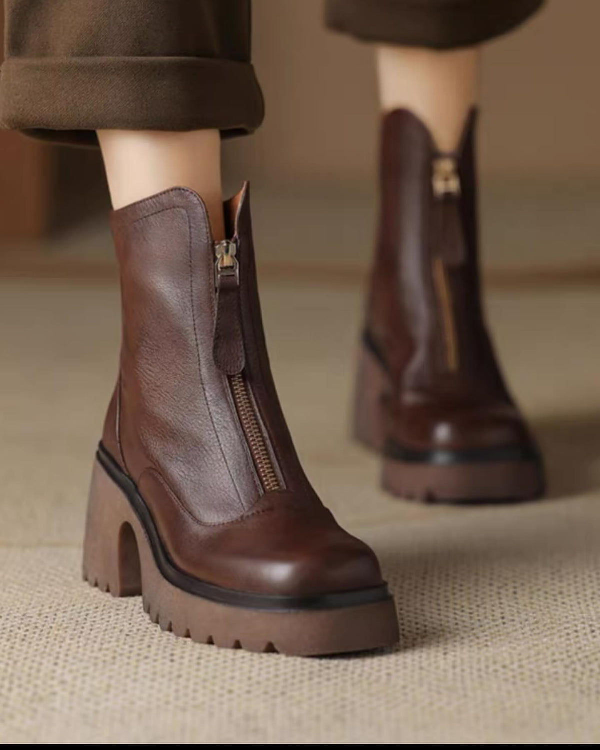High-heeled Chunky Leather Martin Boots
