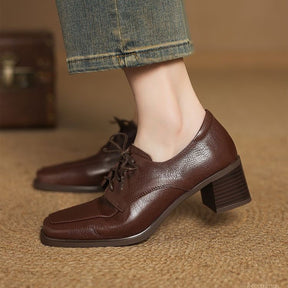 Square-toe Chunky Heel Lace-up Leather Shoes