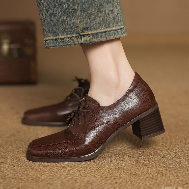 Square-toe Chunky Heel Lace-up Leather Shoes