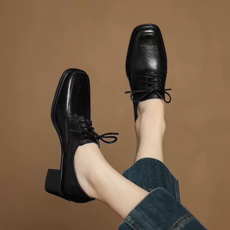 Square-toe Chunky Heel Lace-up Leather Shoes